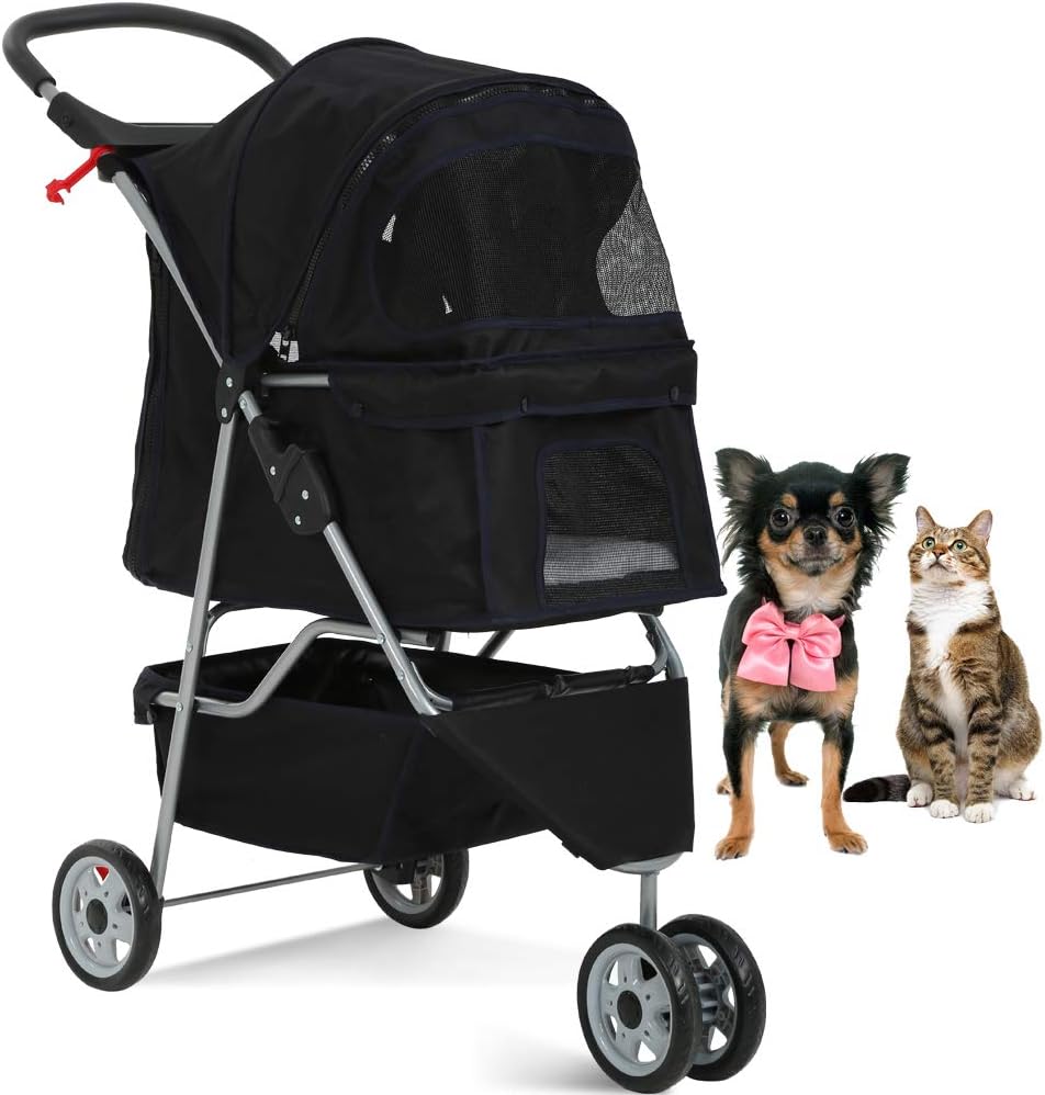 Ultimate 3-Wheel Pet Stroller - Lightweight, Foldable Dog & Cat Carrier with Weather Cover, Storage Basket & Comfort Features for Outdoor Adventures