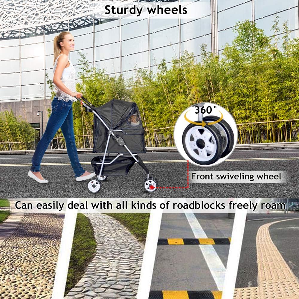 Ultimate 3-Wheel Pet Stroller - Lightweight, Foldable Dog & Cat Carrier with Weather Cover, Storage Basket & Comfort Features for Outdoor Adventures