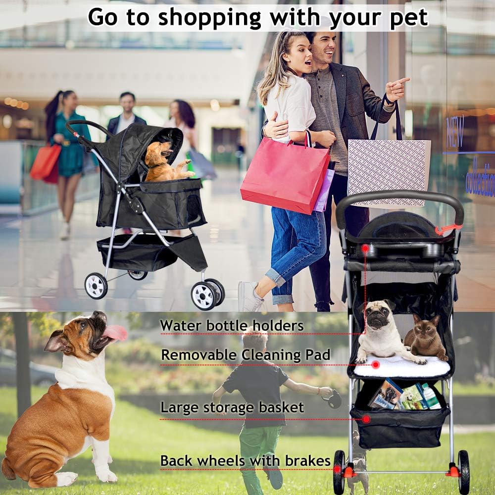 Ultimate 3-Wheel Pet Stroller - Lightweight, Foldable Dog & Cat Carrier with Weather Cover, Storage Basket & Comfort Features for Outdoor Adventures