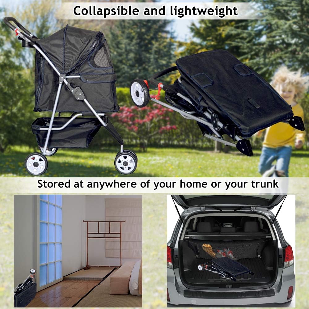 Ultimate 3-Wheel Pet Stroller - Lightweight, Foldable Dog & Cat Carrier with Weather Cover, Storage Basket & Comfort Features for Outdoor Adventures