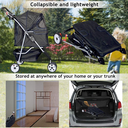 Ultimate 3-Wheel Pet Stroller - Lightweight, Foldable Dog & Cat Carrier with Weather Cover, Storage Basket & Comfort Features for Outdoor Adventures